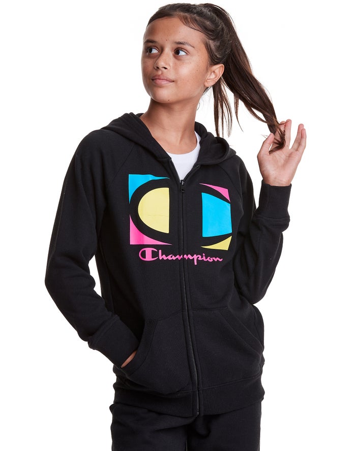 Champion Full Zip Colorblock C Logo Hoodie Meisjes - Zwart - Belgie 2896BUZOR